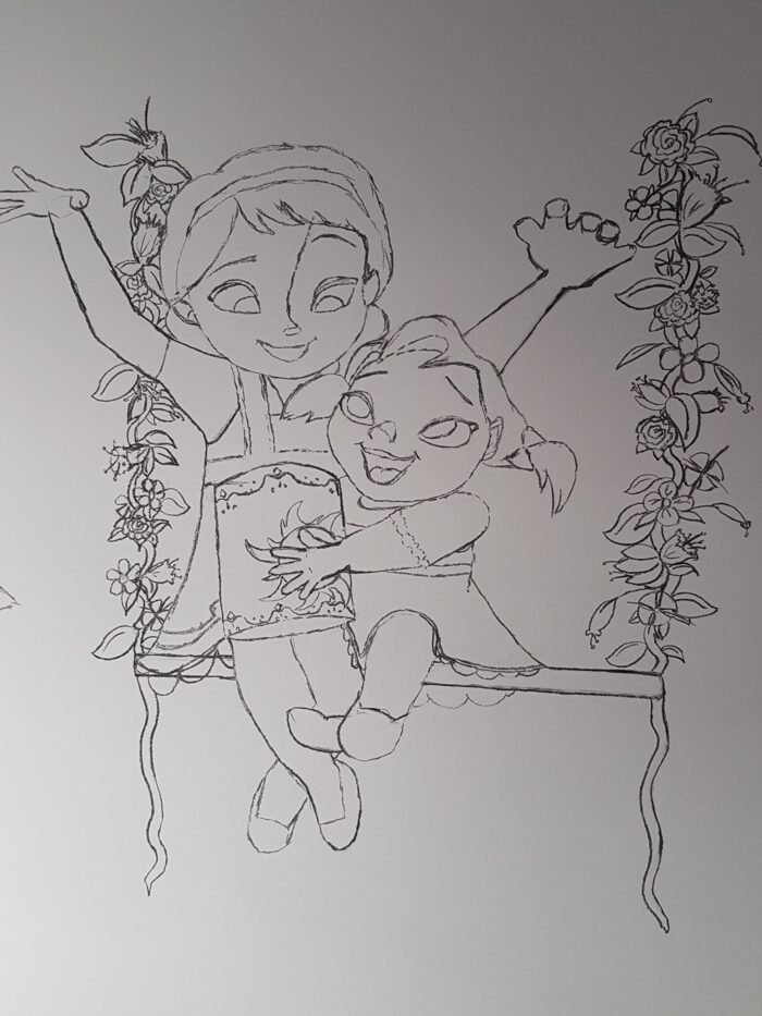 Boceto Elsa y Ana Frozen mural infantil personalizado